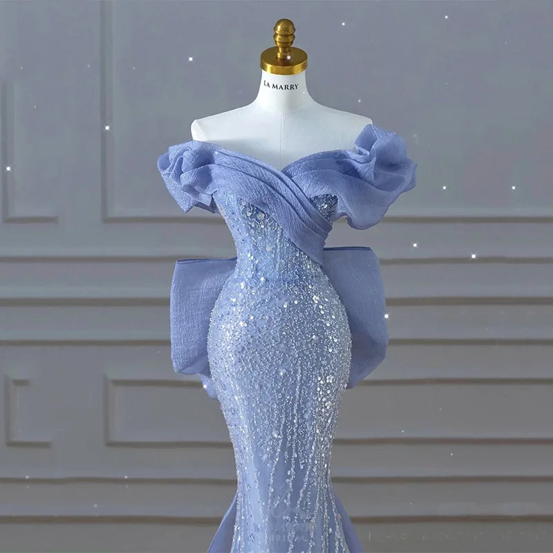 UU-Luxury Blue Prom Dresses Off The Shoulder V Neck Beading Sequins Mermaid Detachable Bow Train Pleated Evening Gowns New
