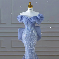 UU-Luxury Blue Prom Dresses Off The Shoulder V Neck Beading Sequins Mermaid Detachable Bow Train Pleated Evening Gowns New