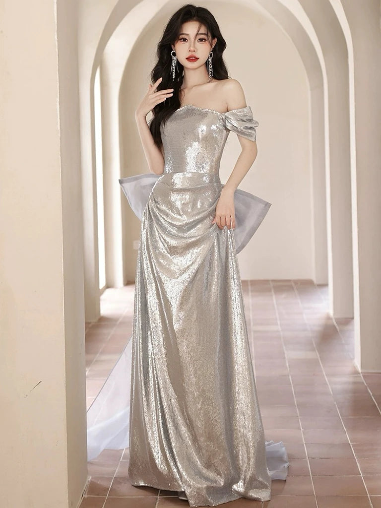 Mermaid Cocktail Dresses Silvery Off The Shoulder Bow Trailing Floor Length Backless Sequins Pleated Woman Evening Prom Gowns