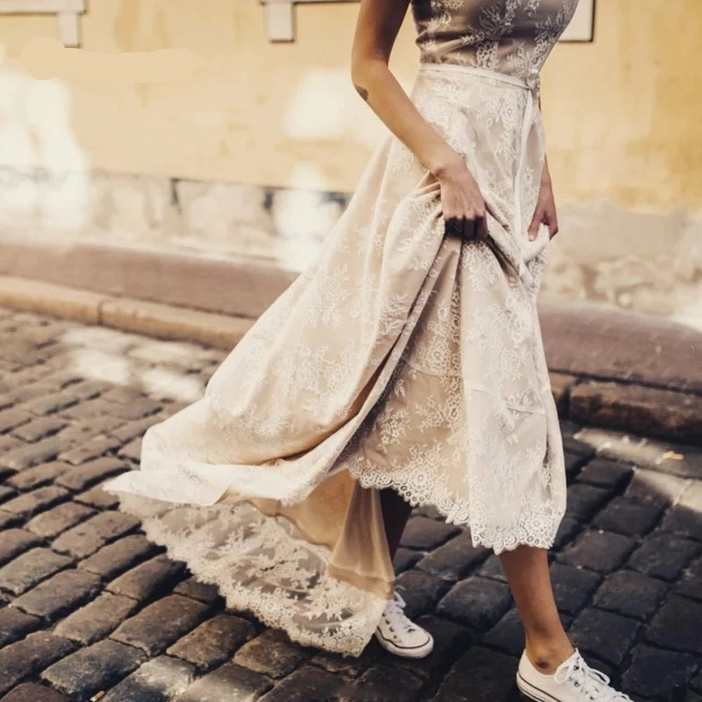 UU-Bohemian Lace A-Line Wedding Dresses Women Scoop Neck Sleeveless Bridal Gowns Floor-Length robe Custom Made 2024