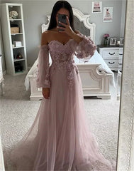 UU-Sweet 3D Flower Prom Dress Puffy Sleeve A-line  Princess Glitter Pink Tulle Prom Dresses