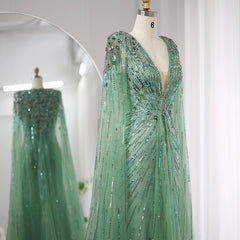 UU-  Luxury Dubai Sage Green Evening Dresses with Cape Fuchsia Crystal Gold Elegant Women Wedding Formal Party Gown