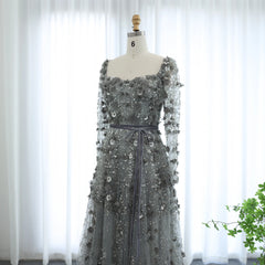 UU- Luxury 3D Flower Gray Long Sleeves Evening Dresses for Women Wedding Party Elegant Arabic A-line Formal Gowns