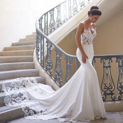 UU-Morden Lace Satin Mermaid Wedding Dresses Sweetheart Sleeveless Bridal Gown 2024 Simple Plain Long Train Sweep Train Custom Made