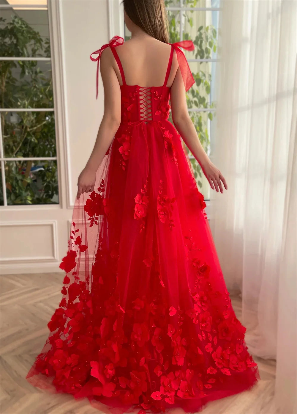 UU- Red Prom Dresses Flora Appliques Spaghetti Strap Sleeveless Lace-Up Back Sexy Side Split Birthday Dress