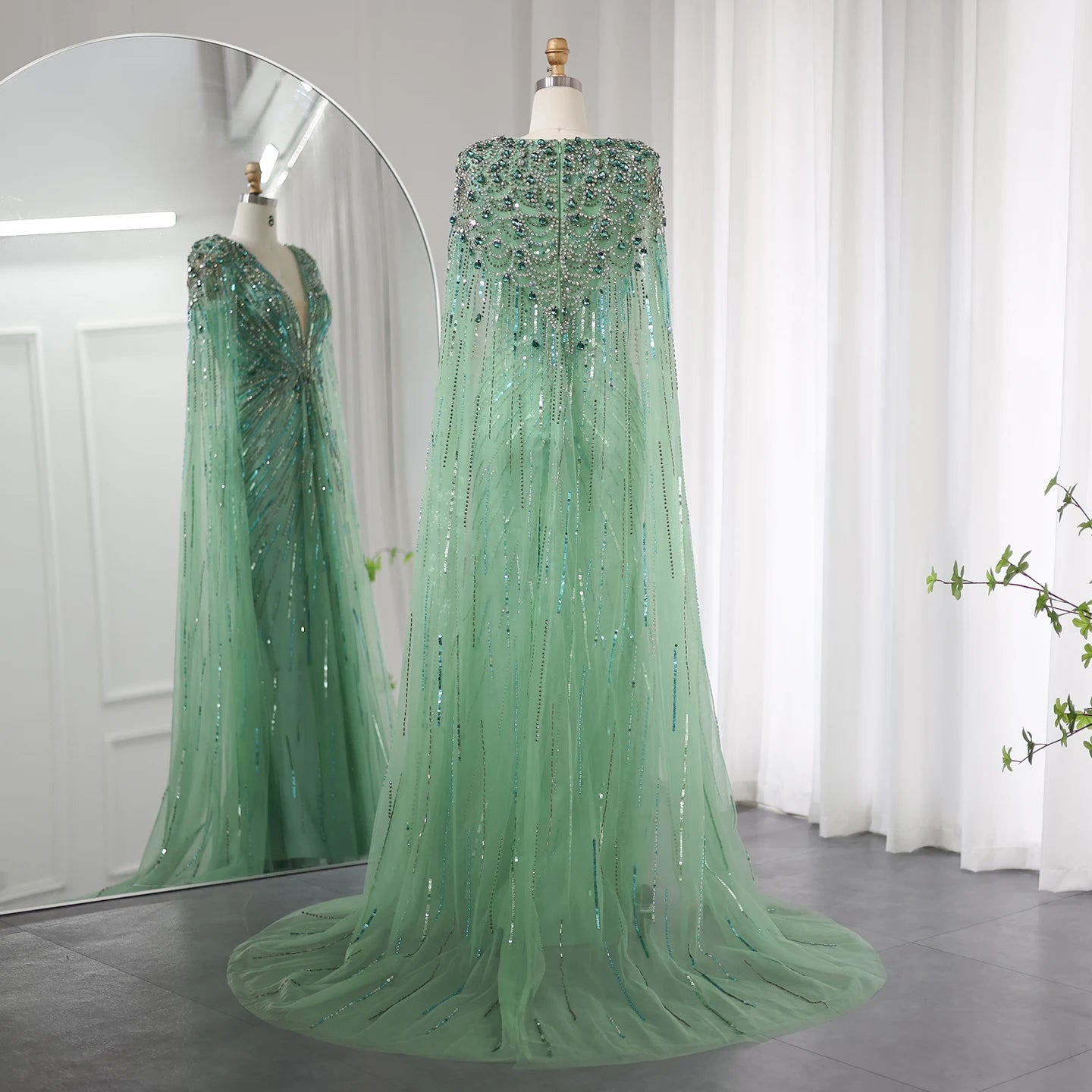 UU-  Luxury Dubai Sage Green Evening Dresses with Cape Fuchsia Crystal Gold Elegant Women Wedding Formal Party Gown