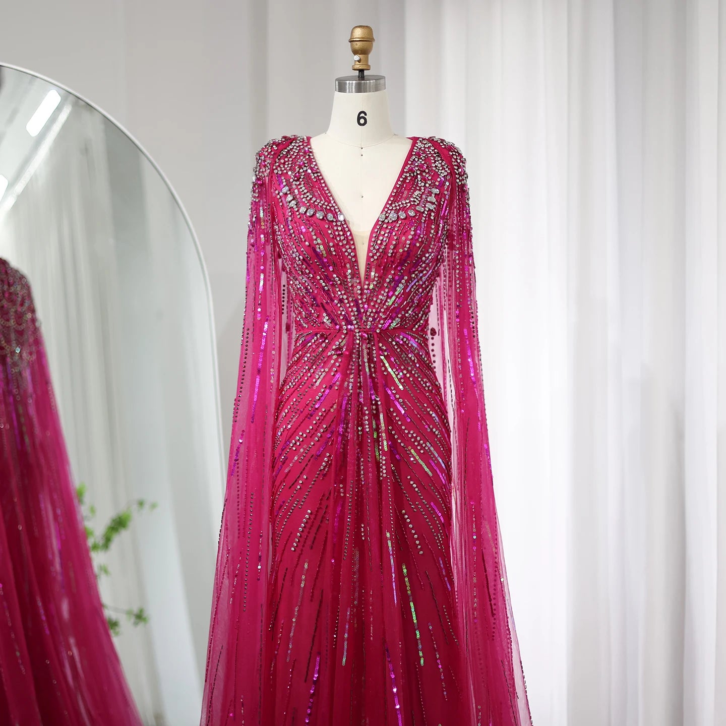 UU-  Luxury Dubai Sage Green Evening Dresses with Cape Fuchsia Crystal Gold Elegant Women Wedding Formal Party Gown