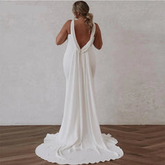 UU-Deep V Neck Crepe Detachable Train Mermaid Wedding Dress 2024 Plain Sleeveless Open Back Simple Bridal Gowns Elegant