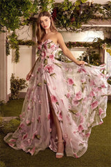 UU-Gliiter Pink Flower Sweet Strapless Side Split Prom Dresses With 3D Flower